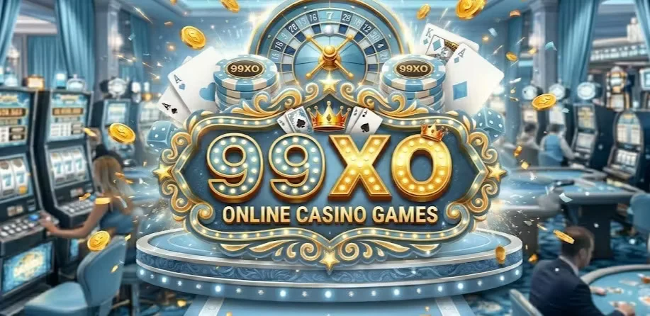 A triumphant gambler surrounded by cascading gold coins and a radiant prize wheel — symbolizing the prestige of 99XO.